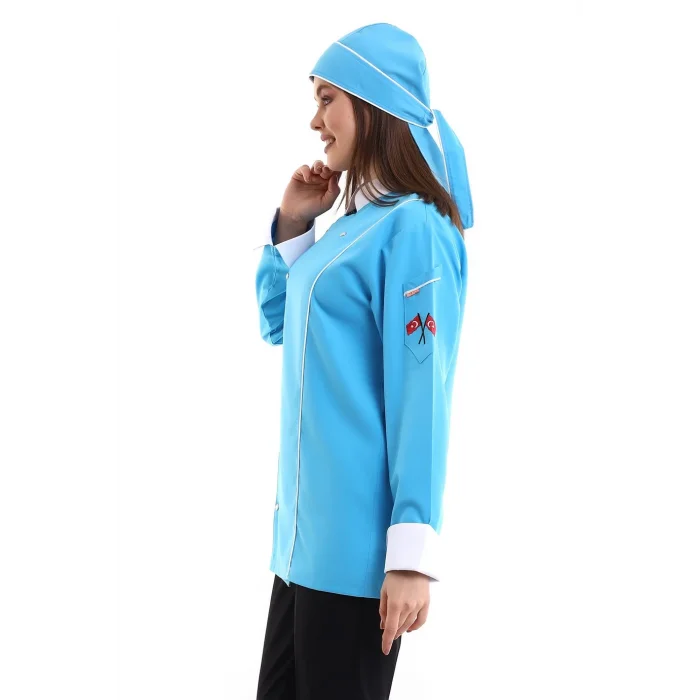 Kadın Aşçı Ceket 01 - Turkuaz Beyaz Biye