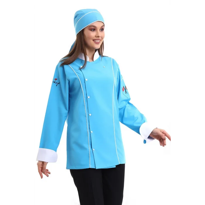 Kadın Aşçı Ceket 01 - Turkuaz Beyaz Biye