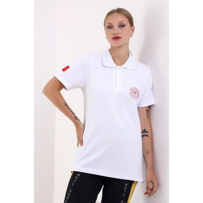 Paramedik Yakalı Unisex Tshirt Kısa Kol - Beyaz