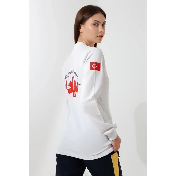 Paramedik Yakalı Unisex Tshirt Uzun Kol - Beyaz