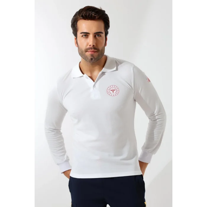 Paramedik Yakalı Unisex Tshirt Uzun Kol - Beyaz