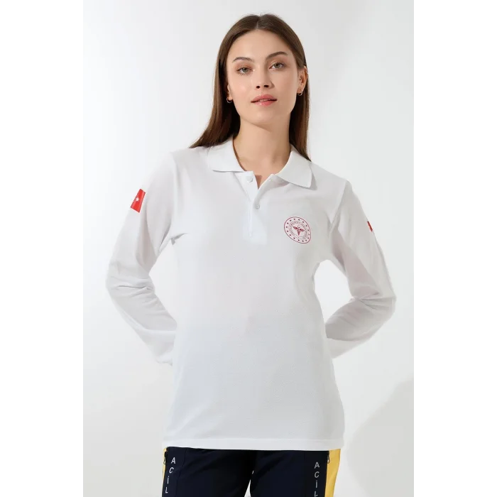 Paramedik Yakalı Unisex Tshirt Uzun Kol - Beyaz