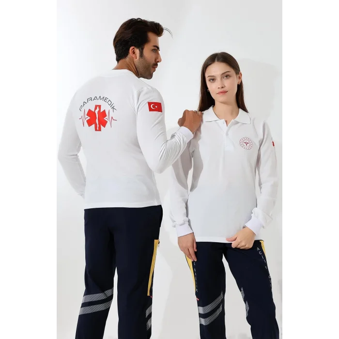 Paramedik Yakalı Unisex Tshirt Uzun Kol - Beyaz