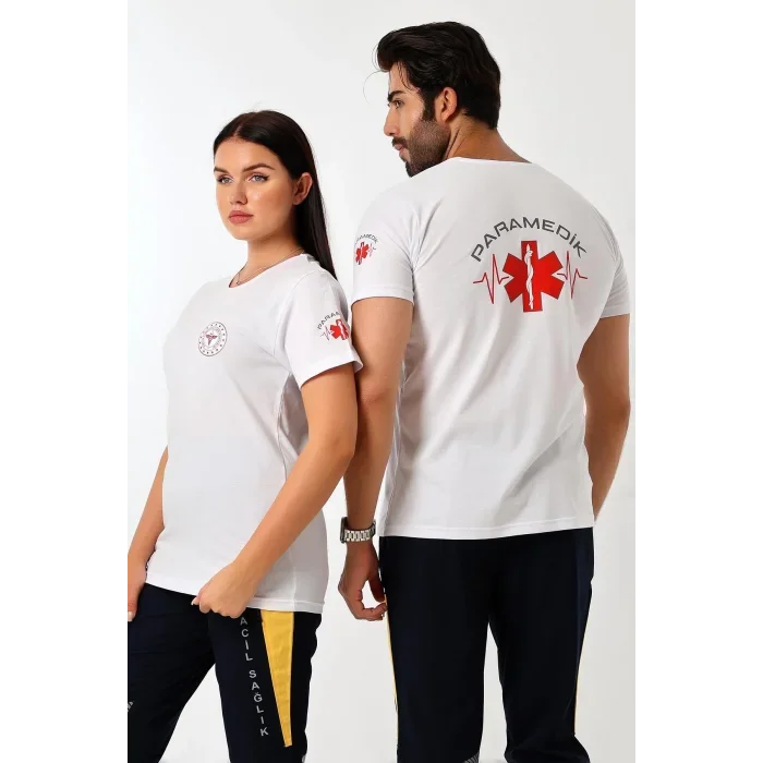 Paramedik Yuvarlak Yaka Penye Kısa Kol Tshirt - Beyaz