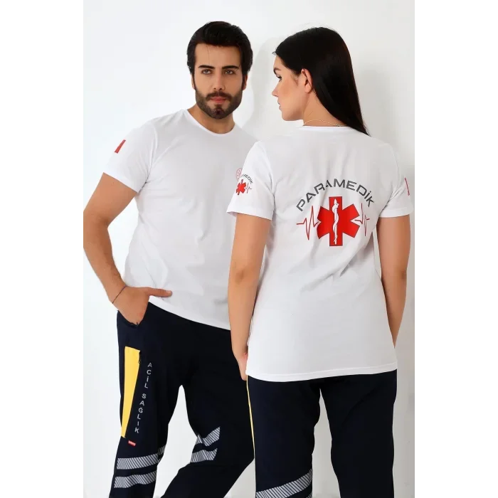 Paramedik Yuvarlak Yaka Penye Kısa Kol Tshirt - Beyaz