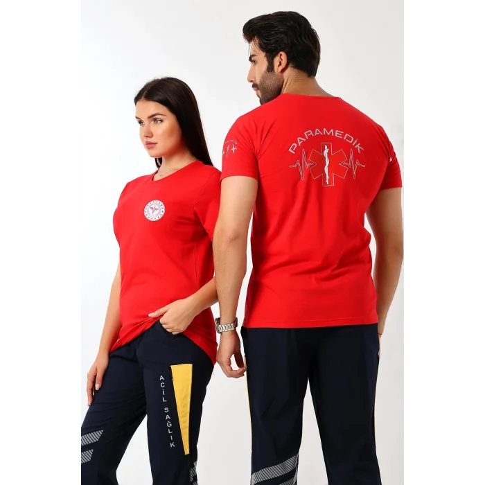 Paramedik Yuvarlak Yaka Penye Kısa Kol Tshirt - Kırmızı