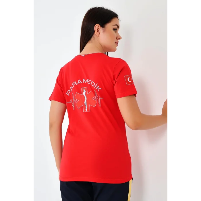 Paramedik Yuvarlak Yaka Penye Kısa Kol Tshirt - Kırmızı
