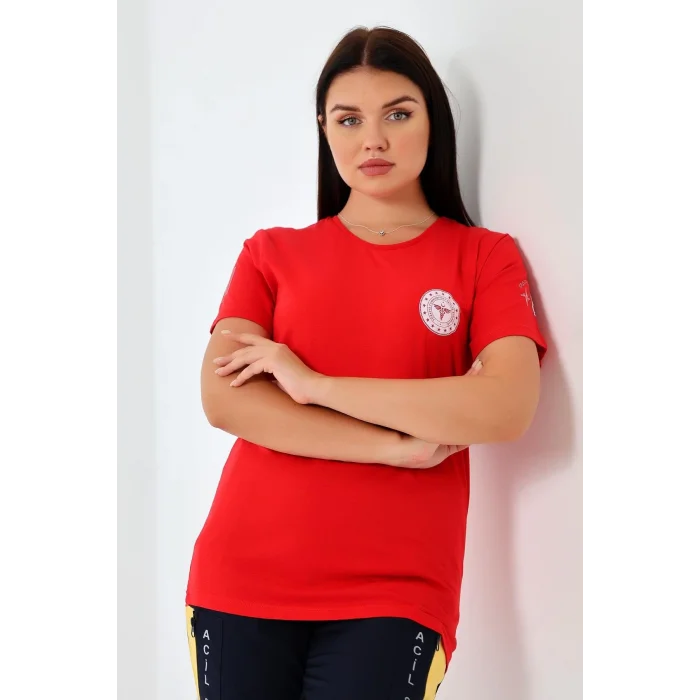 Paramedik Yuvarlak Yaka Penye Kısa Kol Tshirt - Kırmızı