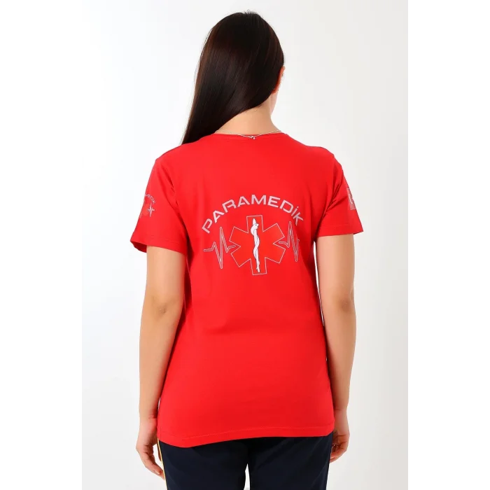 Paramedik Yuvarlak Yaka Penye Kısa Kol Tshirt - Kırmızı