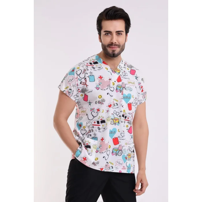 Yarasa Kol Dijital Unisex Desenli Üst - 6503 Beyaz Stetoskop