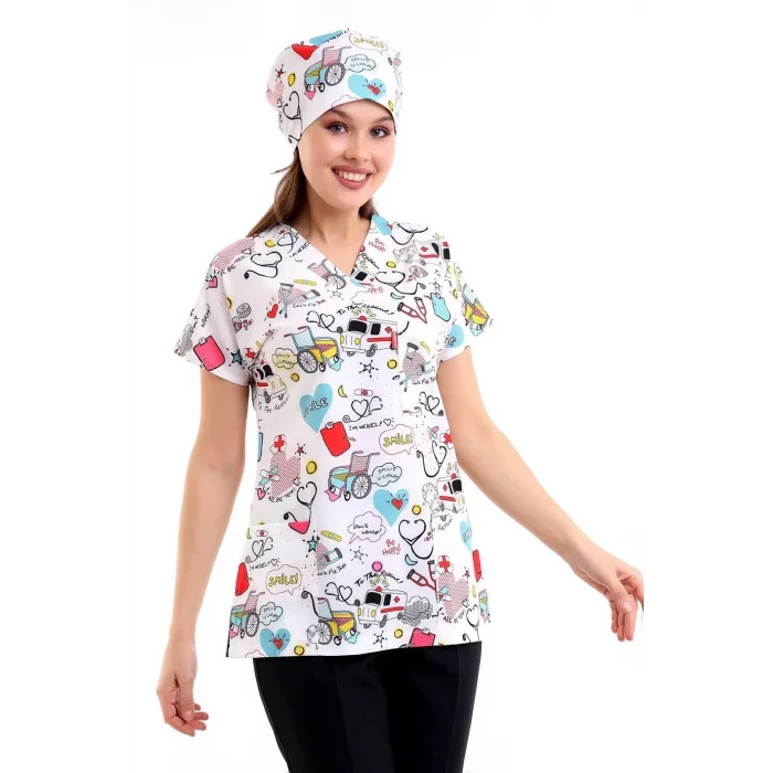 Yarasa Kol Dijital Unisex Desenli Üst - 6503 Beyaz Stetoskop