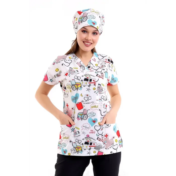 Yarasa Kol Dijital Unisex Desenli Üst - 6503 Beyaz Stetoskop