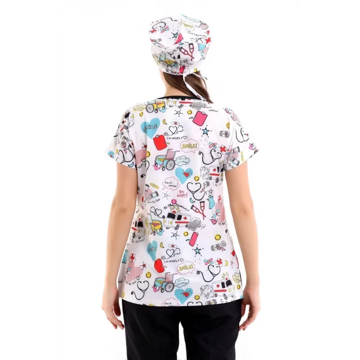 Yarasa Kol Dijital Unisex Desenli Üst - 6503 Beyaz Stetoskop