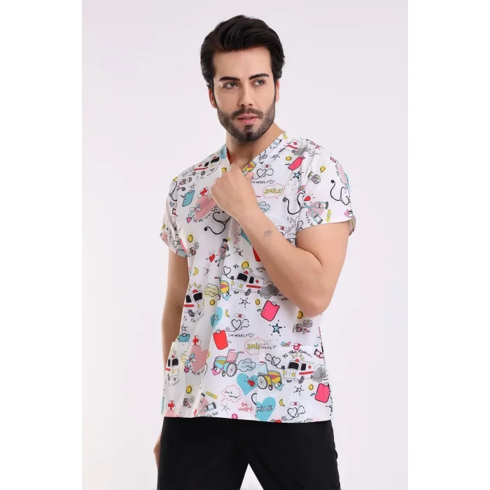 Yarasa Kol Dijital Unisex Desenli Üst - 6503 Beyaz Stetoskop