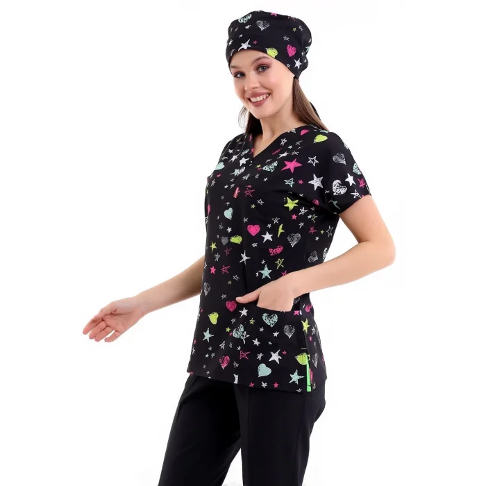 Yarasa Kol Dijital Unisex Desenli Üst - 6506 Siyah Yıldız Kalp