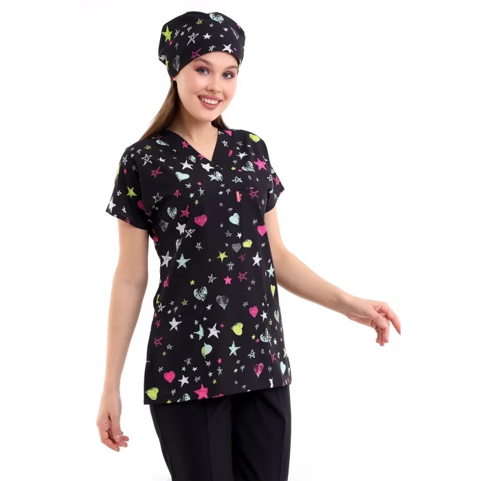 Yarasa Kol Dijital Unisex Desenli Üst - 6506 Siyah Yıldız Kalp