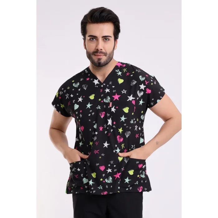 Yarasa Kol Dijital Unisex Desenli Üst - 6506 Siyah Yıldız Kalp