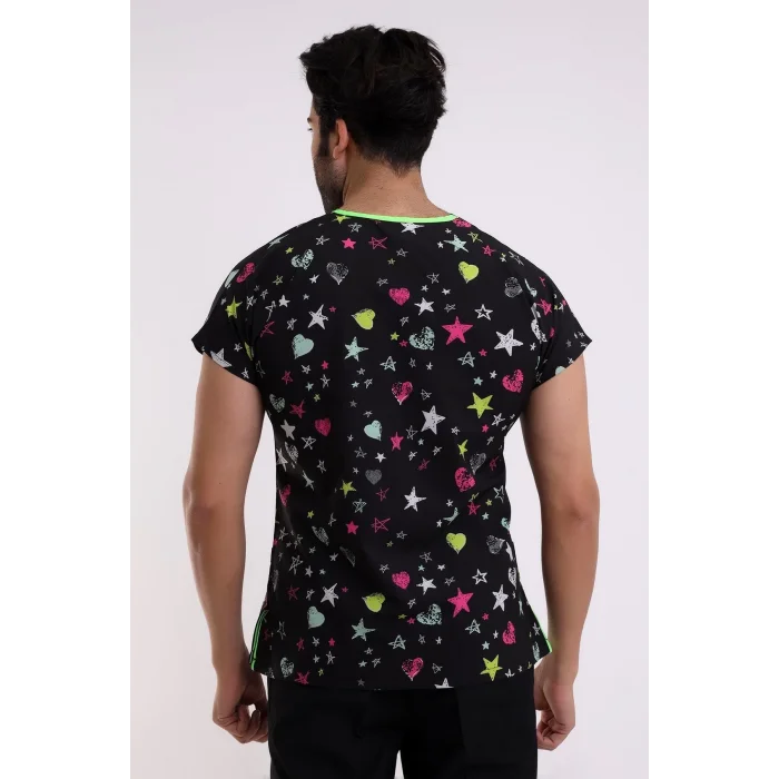 Yarasa Kol Dijital Unisex Desenli Üst - 6506 Siyah Yıldız Kalp