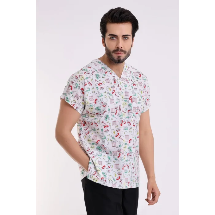 Yarasa Kol Dijital Unisex Desenli Üst - 6518 Beyaz Sağlık Sembolleri