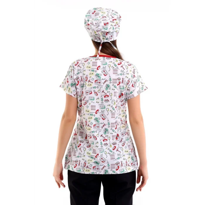 Yarasa Kol Dijital Unisex Desenli Üst - 6518 Beyaz Sağlık Sembolleri