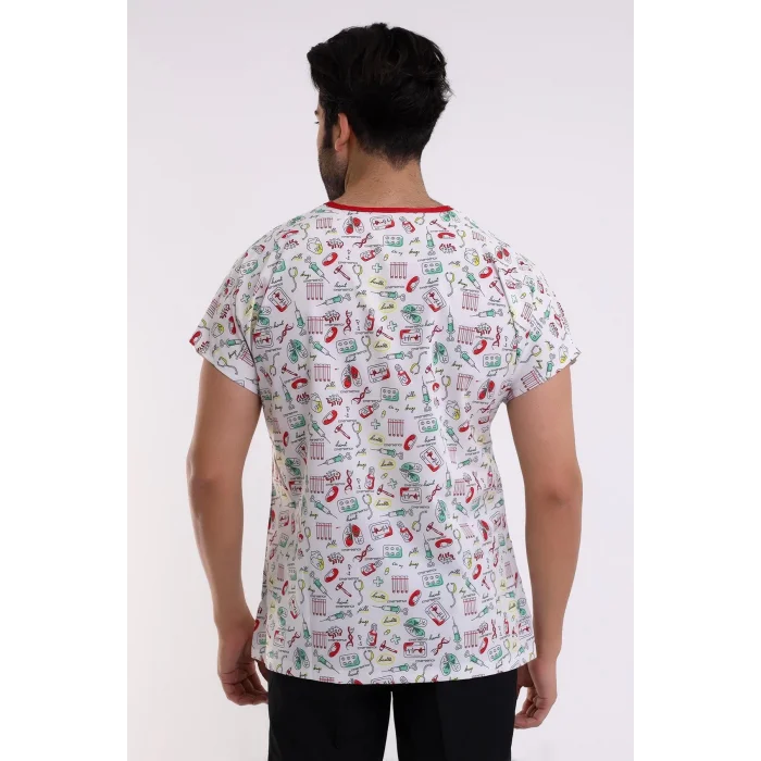 Yarasa Kol Dijital Unisex Desenli Üst - 6518 Beyaz Sağlık Sembolleri