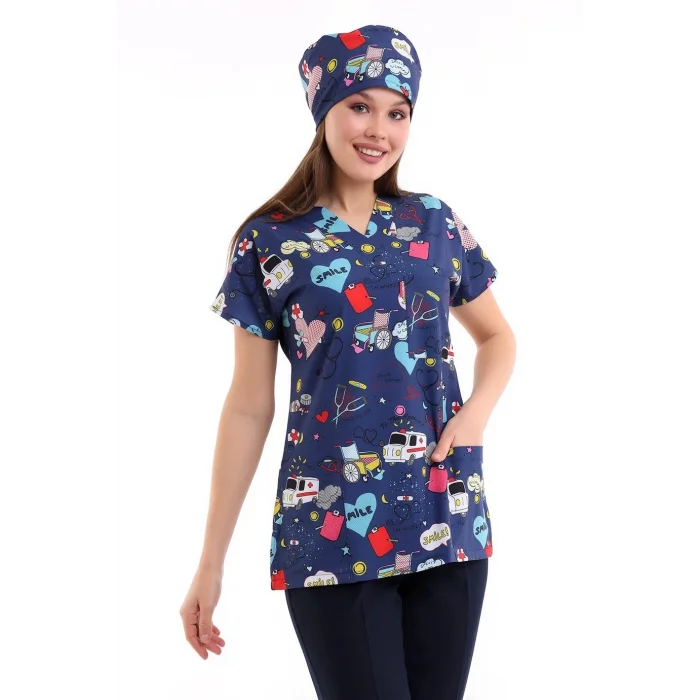 Yarasa Kol Dijital Unisex Desenli Üst - 6525 Lacivert Stetoskop