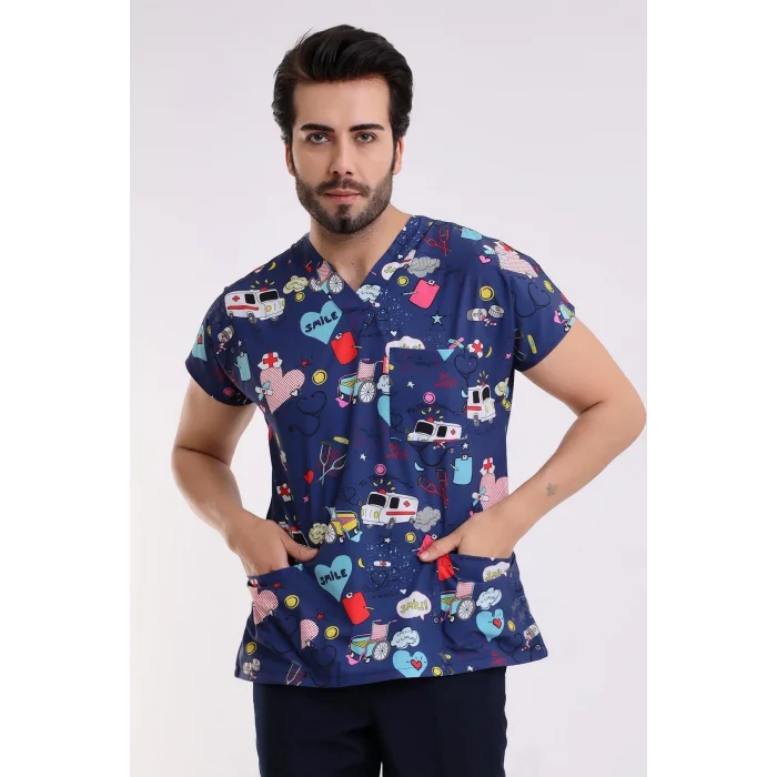 Yarasa Kol Dijital Unisex Desenli Üst - 6525 Lacivert Stetoskop