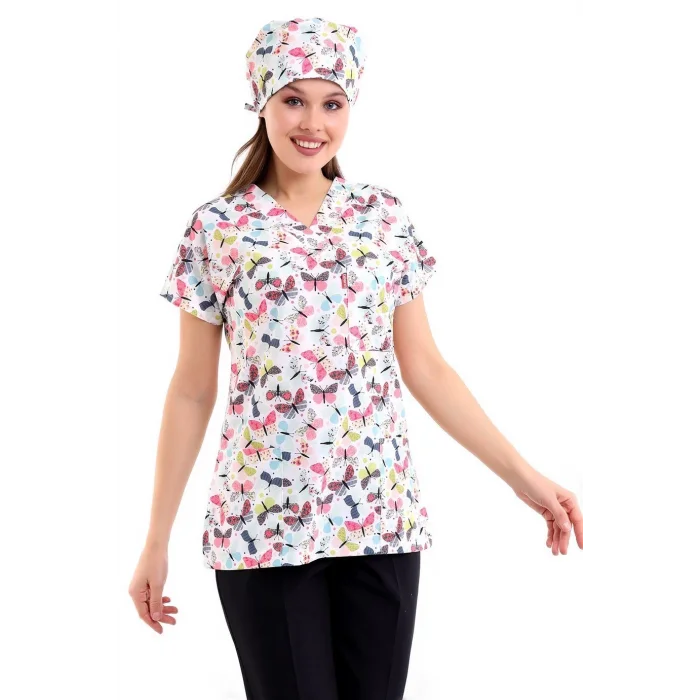 Yarasa Kol Dijital Unisex Desenli Üst - 6527 Beyaz Kelebek