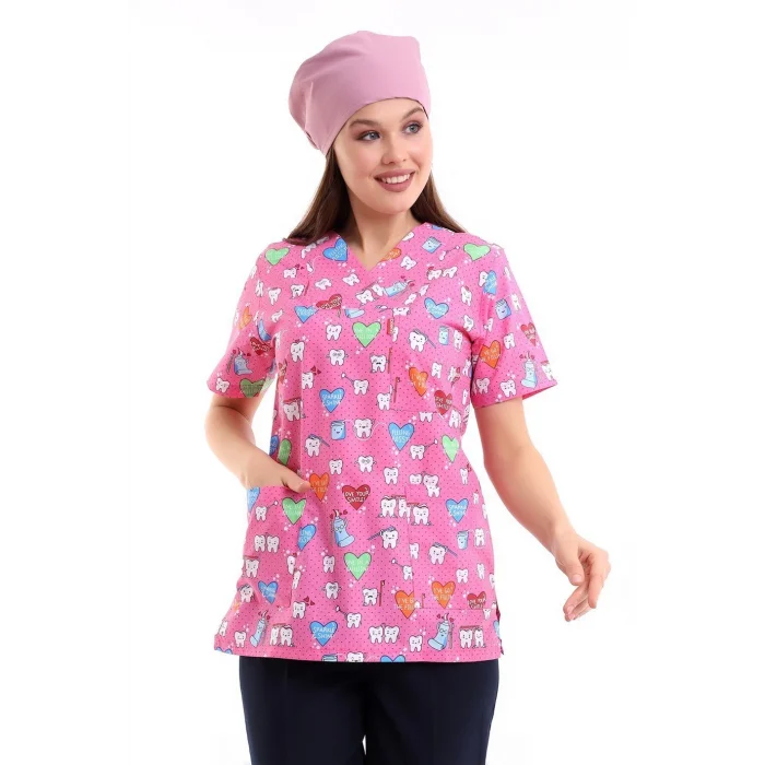 Zarf Yaka Desenli Üst - 2111 Fuşya Diş