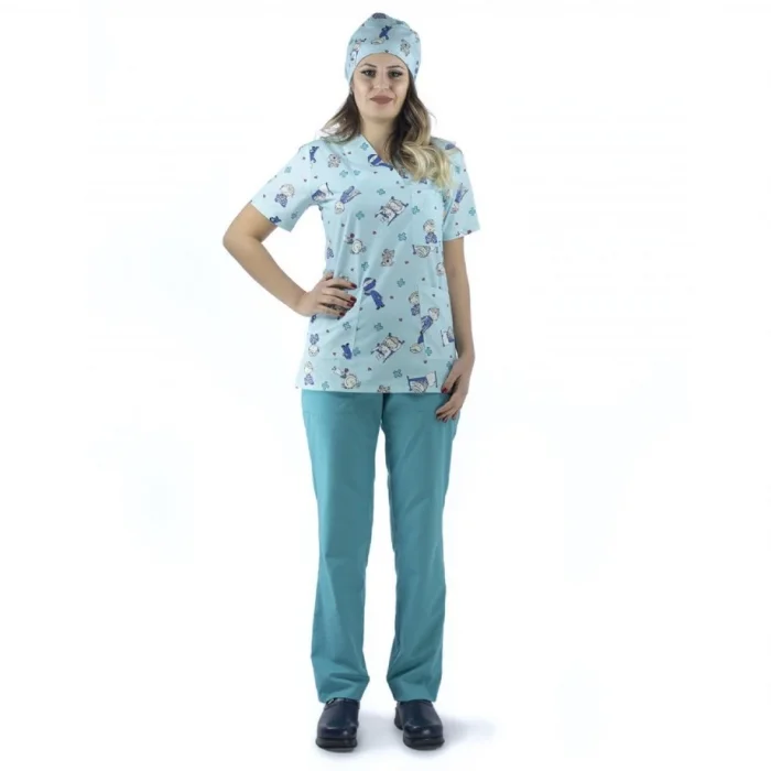 Zarf Yaka Desenli Üst - 3702 Su Yeşili Sağlıkçı