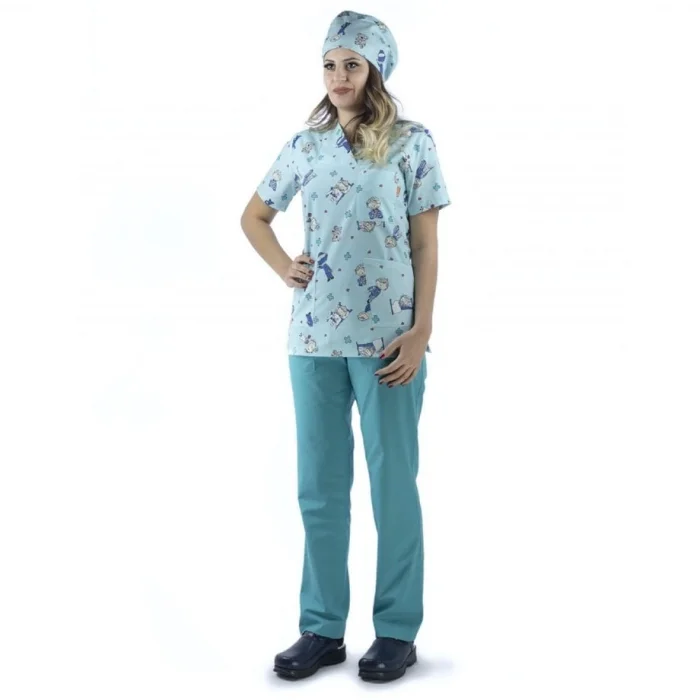 Zarf Yaka Desenli Üst - 3702 Su Yeşili Sağlıkçı