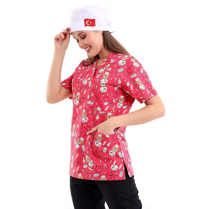 Zarf Yaka Desenli Üst - 3706 Doctor Ayıcık Pembe