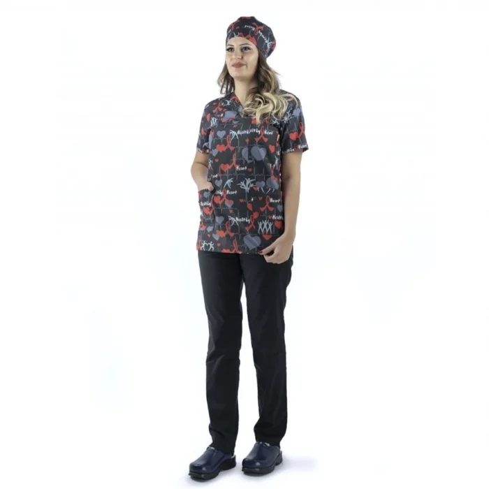 Zarf Yaka Desenli Üst - 4110 Kırmızı Kalpli