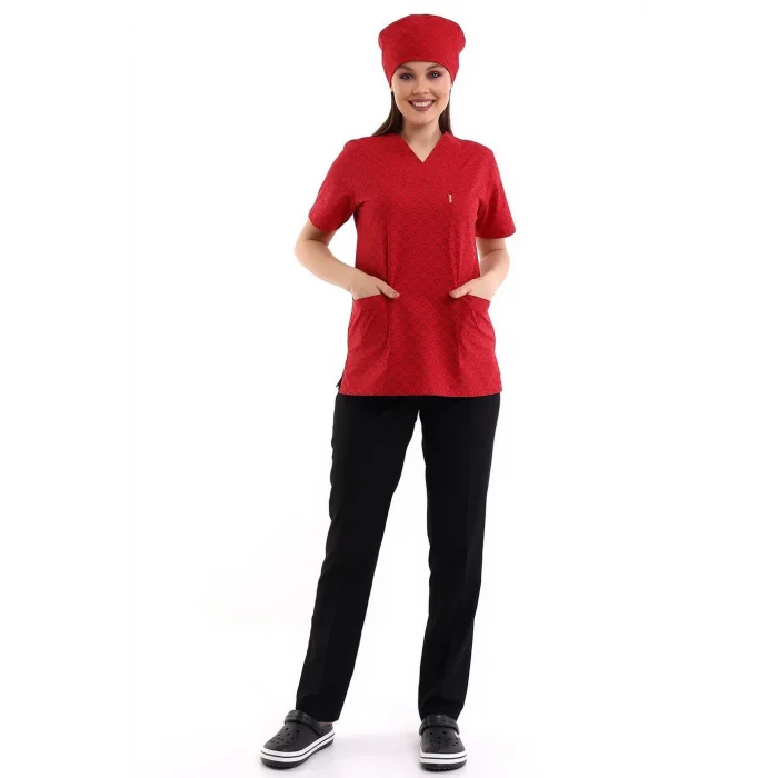 Zarf Yaka Desenli Üst - 5308 Kırmızı Küçük Kalp