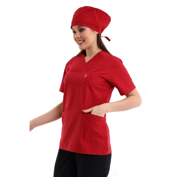 Zarf Yaka Desenli Üst - 5308 Kırmızı Küçük Kalp