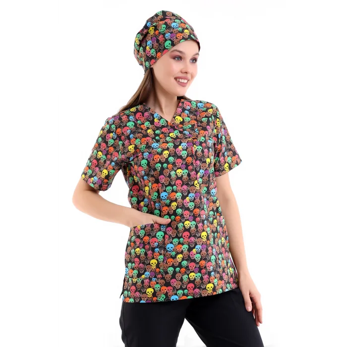 Zarf Yaka Desenli Üst - 9007 Kuru Kafa Renkli