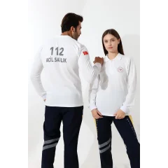 112 Acil Sağlık Yakalı Tshirt Uzun Kol Baskılı - Beyaz