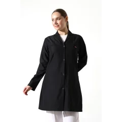 Doktor Öğretmen Kadın Önlük Ara Boy Ceket Yaka - Siyah