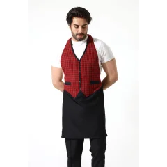 Askılı Yelekli Garson Önlüğü - 401 Kırmızı Kareli