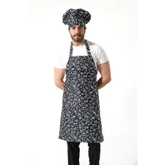 Desenli Askılı Önlük - 3803 Siyah Fincan