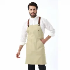 Barista Askılı Önlük Kanguru Cepli Deri Kemerli - Bej