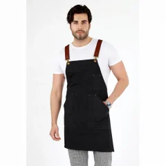 Barista Askılı Önlük Kanguru Cepli Deri Kemerli - Füme