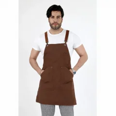 Barista Askılı Önlük Kanguru Cepli Deri Kemerli - Kahve