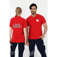 Acil Sağlık Yakalı Tshirt Kısa Kol Nakışlı - Kırmızı