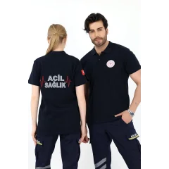 Acil Sağlık Yakalı Unisex Tshirt Kısa Kol Nakışlı - Lacivert