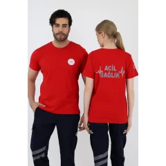 Acil Sağlık Yuvarlak Yaka Penye Kısa Kol Tshirt - Kırmızı