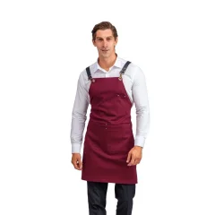 Barista Askılı Önlük Çift Cepli Deri Kemerli Bordo