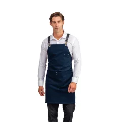 Barista Askılı Önlük Çift Cepli Deri Kemerli Lacivert