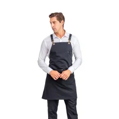 Barista Askılı Önlük Çift Cepli Deri Kemerli Siyah