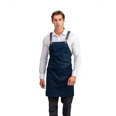 Barista Askılı Önlük Kanguru Cepli Deri Kemerli - Lacivert